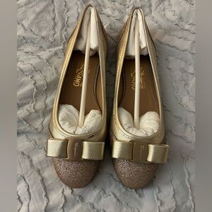 Salvatore Ferragamo Gold and Glitter Loafers